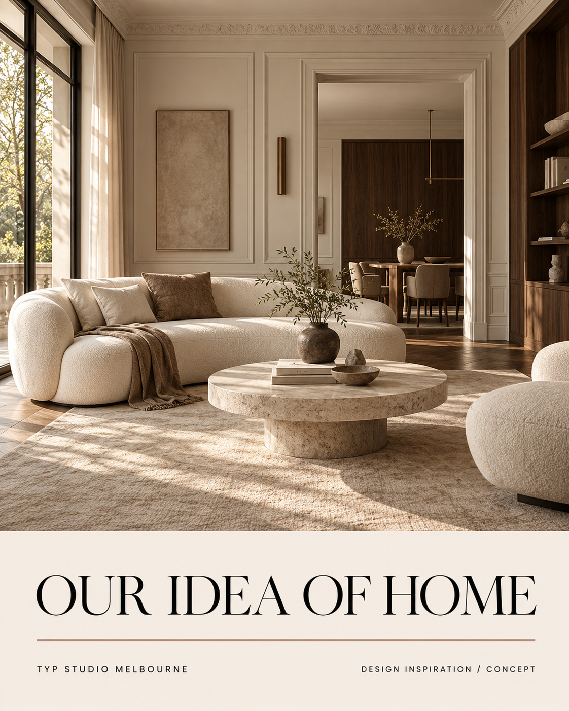 Design concept of a light-filled living room with ivory wall mouldings, walnut joinery and sculptural furniture
